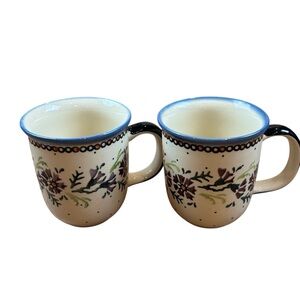 Set of 2 Boleslawiec Polish Mugs Purple Flowers Tea Coffee Mugs